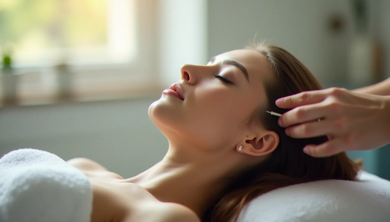 Praticien posant une aiguille d'acupuncture sur le pavillon de l'oreille d'une patiente pour traiter le stress, en cabinet de bien-être