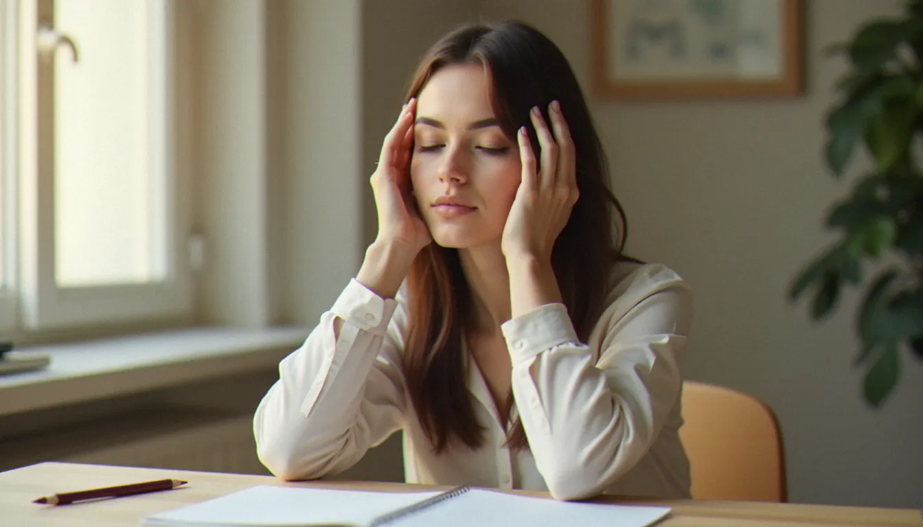 Femme posant doucement la main sur son cuir chevelu stressé, illustrant la prise de conscience des boutons liés au stress