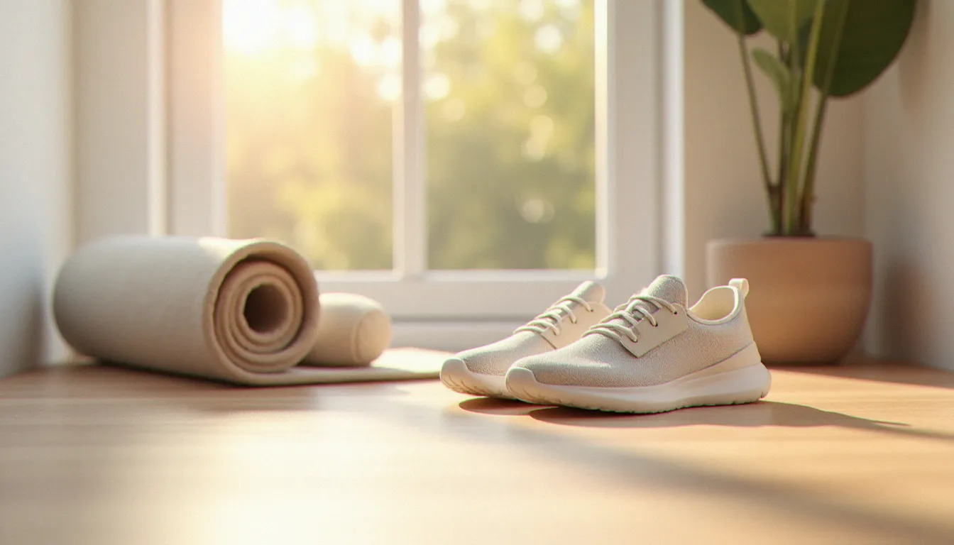 Chaussures qui respirent Geox posées près d'un tapis de yoga dans un intérieur bien-être lumineux et minimaliste