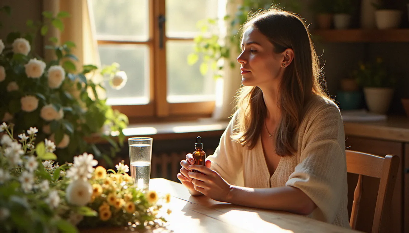 Femme sereine tenant un flacon compte-gouttes de fleur de Bach pour l'anxiété, installée à une table en bois entourée de fleurs sauvages dans une lumière matinale apaisante