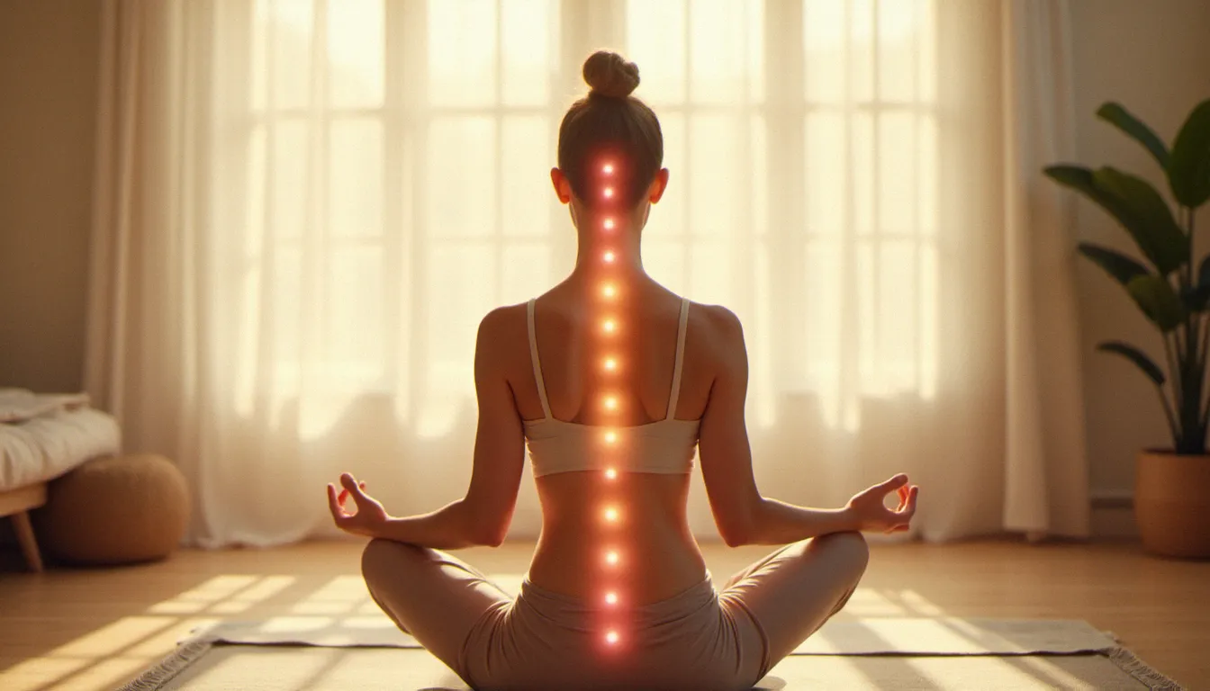 Femme en méditation assise avec représentation des sept chakras et leurs rôles illustrés par des sphères lumineuses colorées alignées le long de la colonne vertébrale dans une pièce lumineuse et épurée