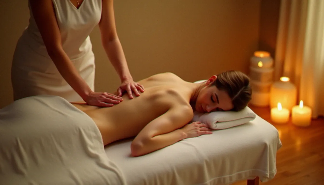 Séance de massage californien dans un espace de soin lumineux et apaisant, une femme allongée sur table reçoit de longs effleurages dans le dos