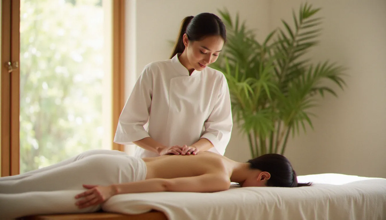 Praticienne réalisant un massage chinois tui na sur une patiente allongée dans un espace de soin zen et lumineux