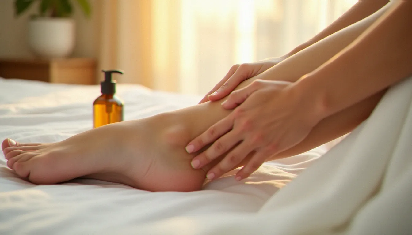 Femme pratiquant un massage des jambes sur son mollet, assise sur un lit blanc en lumière naturelle douce avec une huile de massage posée à côté