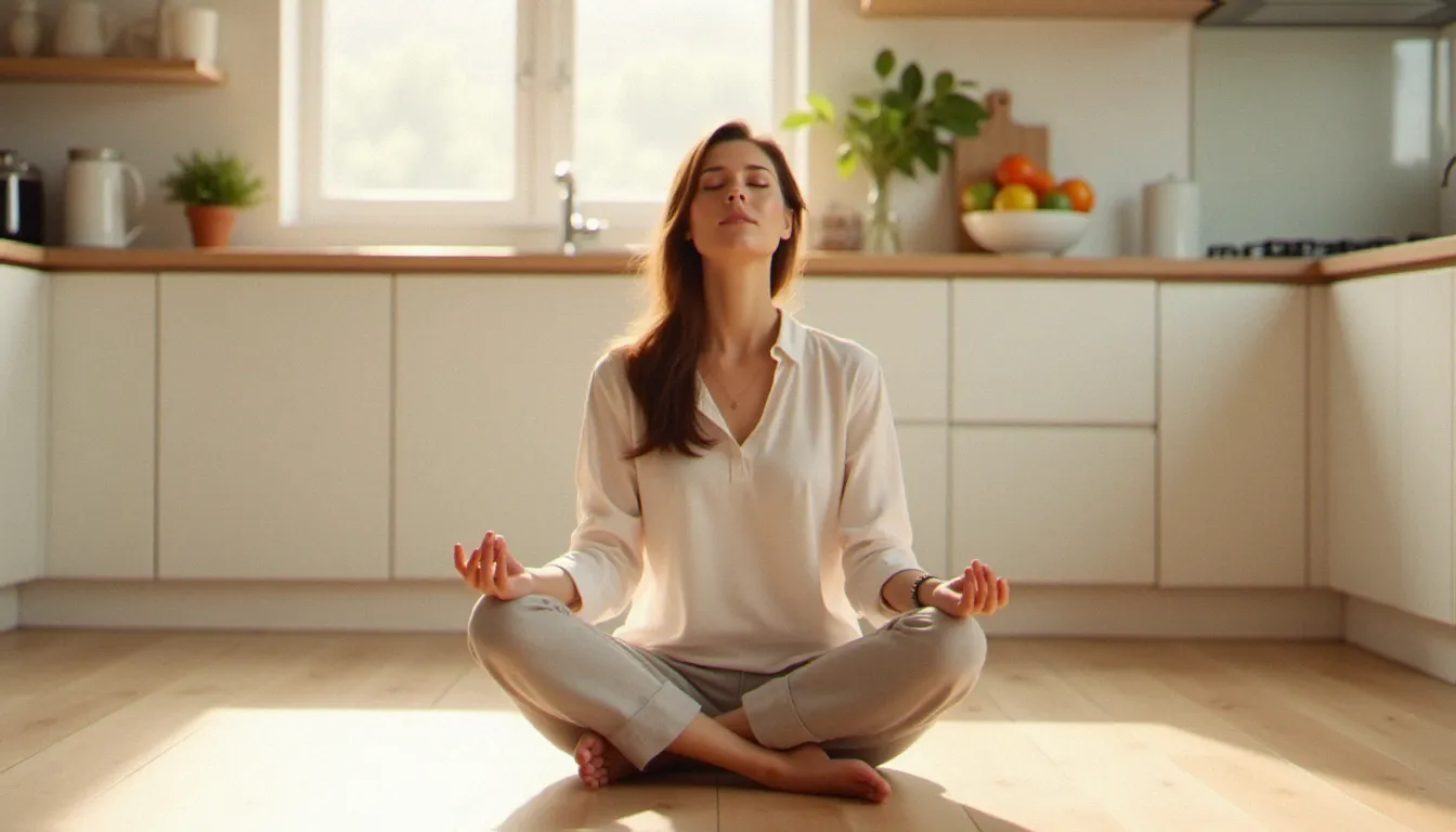 Femme pratiquant la méditation assise sur le sol d'une cuisine lumineuse, illustrant le lien entre méditation et maigrir grâce à la pleine conscience au quotidien