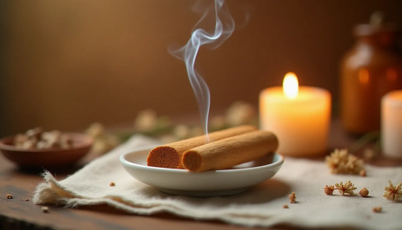 Un bâton de palo santo posé sur un bol en céramique blanche avec une fine fumée qui s'élève, ambiance chaleureuse et apaisante sur fond de lin naturel