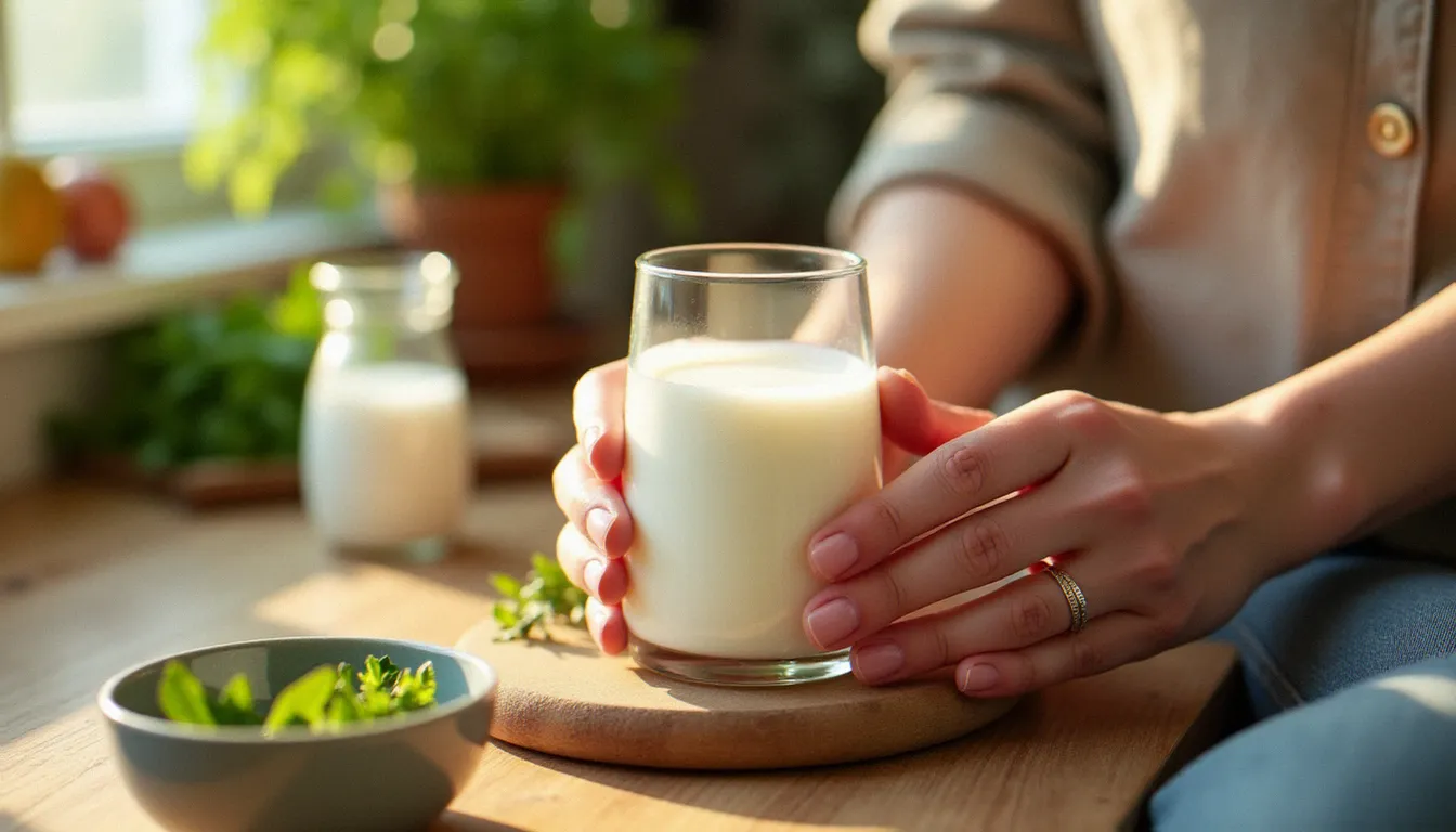 Mains d'une femme tenant un verre de kéfir, boisson riche en probiotiques naturels reconnue pour son action sur les ballonnements, posé sur une table en bois